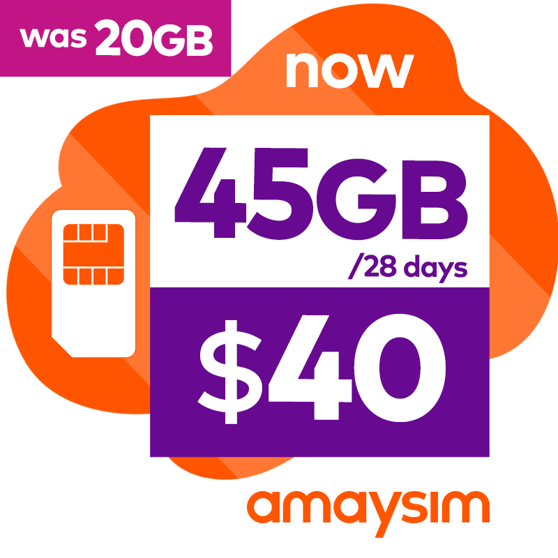 Image of amaysim Prepaid 45GB Data + Unlimited Standard Talk & Text.